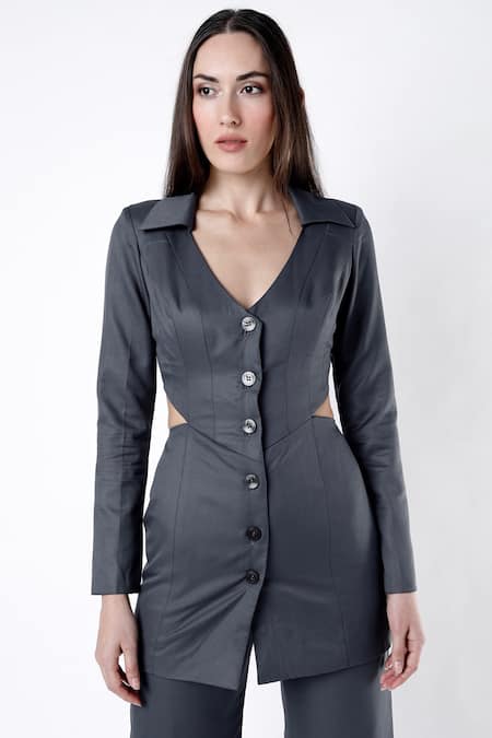 Deme By Gabriella_Grey Suiting V Neck Cut-out Blazer And Pant Set _Online_at_Aza_Fashions