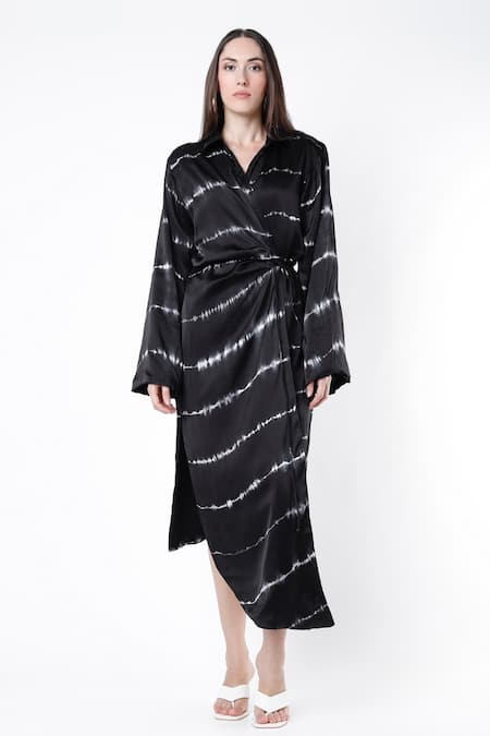 Deme By Gabriella Black Satin V Neck Tie And Dye Wrap Dress