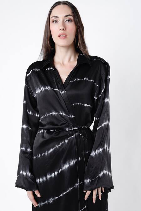 Deme By Gabriella Black Satin V Neck Tie And Dye Wrap Dress Online at Aza Fashions Deme By Gabriella_Black Satin V Neck Tie And Dye Wrap Dress _Online_at_Aza_Fashions