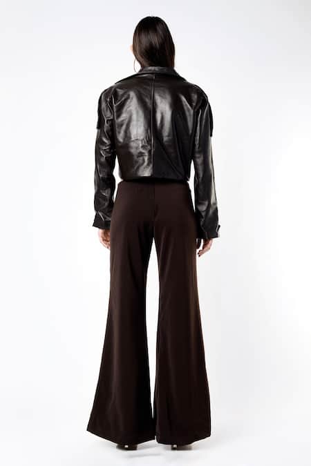 Shop Deme By Gabriella Brown Leather, Micro, Sheepskin Bralette Plunge Flared Pant Set With Jacket at Aza Fashions Shop_Deme By Gabriella_Brown Leather, Micro, Sheepskin Bralette Plunge Flared Pant Set With Jacket_at_Aza_Fashions