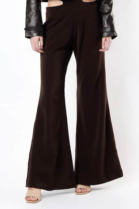 Deme By Gabriella Brown Leather, Micro, Sheepskin Bralette Plunge Flared Pant Set With Jacket at Aza Fashions Deme By Gabriella_Brown Leather, Micro, Sheepskin Bralette Plunge Flared Pant Set With Jacket_at_Aza_Fashions