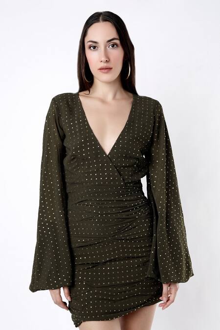 Deme By Gabriella Green Crepe Silk Polka Dots V Neck Ruched Dress Online at Aza Fashions Deme By Gabriella_Green Crepe Silk Polka Dots V Neck Ruched Dress _Online_at_Aza_Fashions