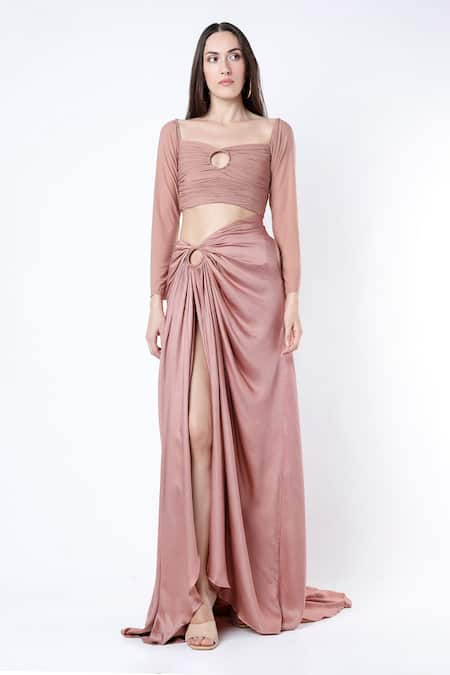 Deme By Gabriella Pink Net, Cotton Satin Sweetheart Neck Ruched Cut-out Gown