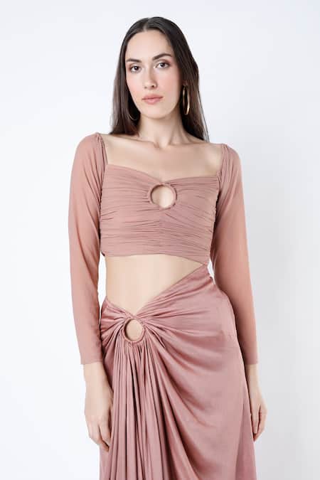 Deme By Gabriella_Pink Net, Cotton Satin Sweetheart Neck Ruched Cut-out Gown _Online_at_Aza_Fashions