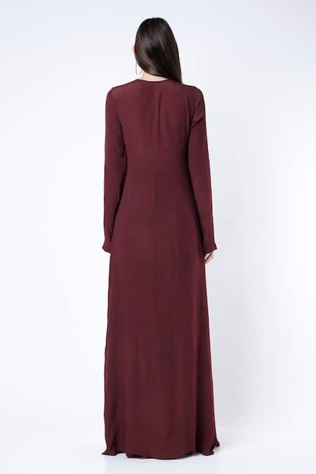 Shop Deme By Gabriella Purple Cotton Satin, Crepe Silk V Neck Long Top And Pant Set at Aza Fashions Shop_Deme By Gabriella_Purple Cotton Satin, Crepe Silk V Neck Long Top And Pant Set _at_Aza_Fashions