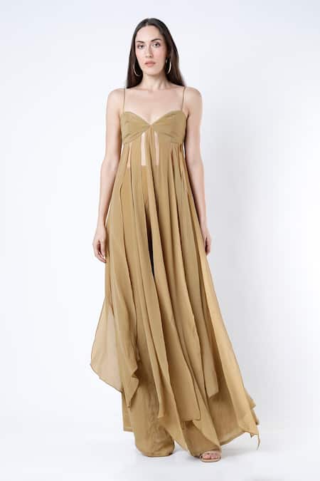 Deme By Gabriella Yellow Crepe Silk Sweetheart Neck Draped Top And Palazzo Set