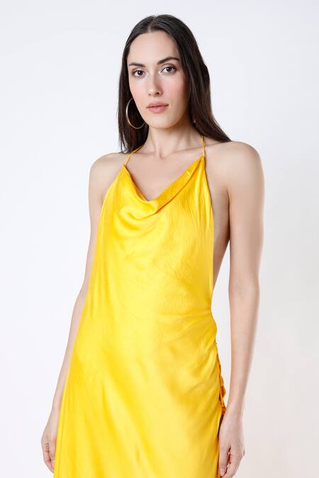 Deme By Gabriella_Yellow Satin Halter Backless Gown _Online_at_Aza_Fashions