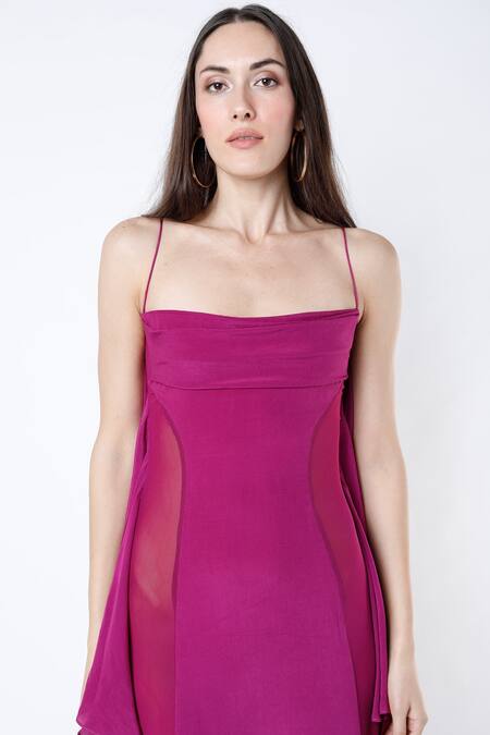 Deme By Gabriella Pink Net, Crepe Silk Square Neck Ruffle Gown Online at Aza Fashions Deme By Gabriella_Pink Net, Crepe Silk Square Neck Ruffle Gown _Online_at_Aza_Fashions