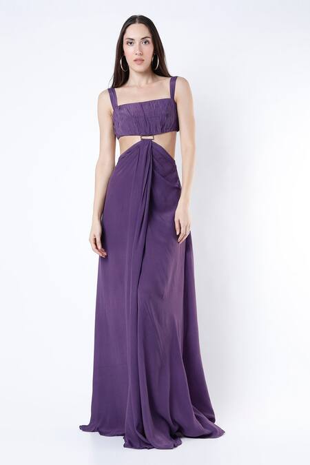 Deme By Gabriella Purple Crepe Silk Square Neck Slit Draped Gown Online at Aza Fashions Deme By Gabriella_Purple Crepe Silk Square Neck Slit Draped Gown _Online_at_Aza_Fashions