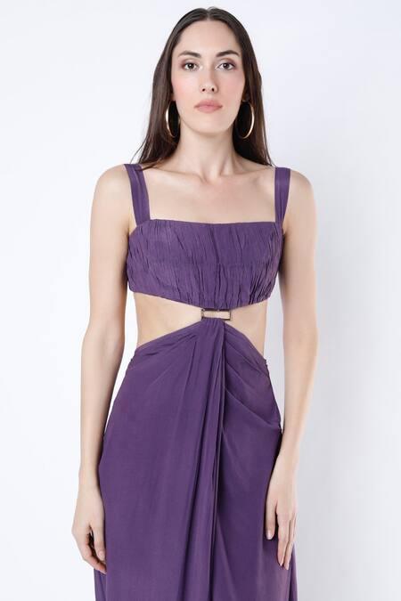 Buy Deme By Gabriella Purple Crepe Silk Square Neck Slit Draped Gown Online at Aza Fashions Buy_Deme By Gabriella_Purple Crepe Silk Square Neck Slit Draped Gown _Online_at_Aza_Fashions