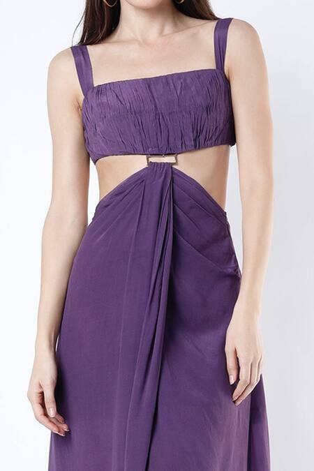 Shop Deme By Gabriella Purple Crepe Silk Square Neck Slit Draped Gown Online at Aza Fashions Shop_Deme By Gabriella_Purple Crepe Silk Square Neck Slit Draped Gown _Online_at_Aza_Fashions