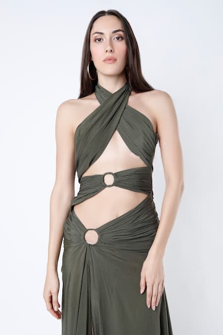 Deme By Gabriella Green Crepe Silk Halter Cut-out Gown Online at Aza Fashions Deme By Gabriella_Green Crepe Silk Halter Cut-out Gown _Online_at_Aza_Fashions