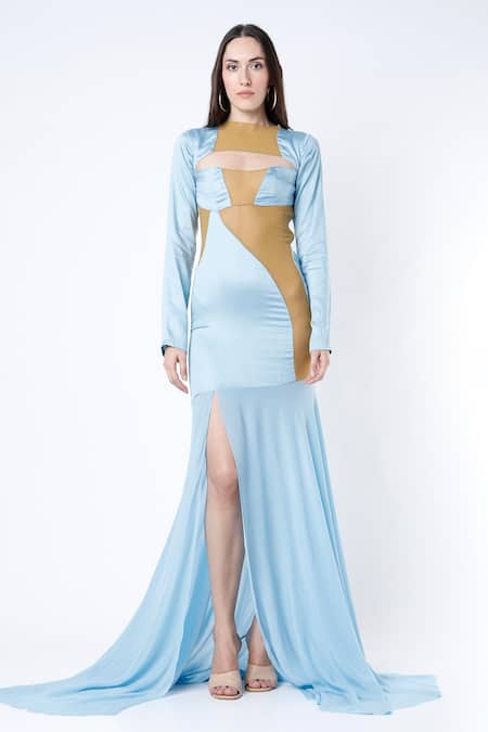 Flowy Satin V-neckline A-line Dusty Blue Bridesmaids or Evening Gown B –  Sparkly Gowns