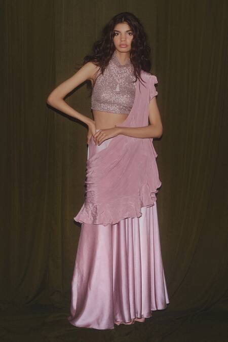 Deme X Kalki_Pink Crepe, Satin Sequins High Neck Pre-draped Saree With Blouse_Online_at_Aza_Fashions