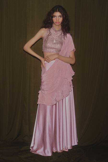 Buy_Deme X Kalki_Pink Crepe, Satin Sequins High Neck Pre-draped Saree With Blouse_Online_at_Aza_Fashions
