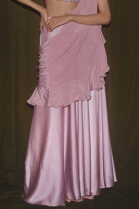 Deme X Kalki_Pink Crepe, Satin Sequins High Neck Pre-draped Saree With Blouse_at_Aza_Fashions