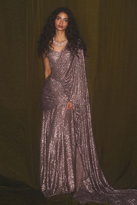 Buy Deme X Kalki Pink Sequins Pre-draped Saree With Blouse at Aza Fashions Buy_Deme X Kalki_Pink Sequins Pre-draped Saree With Blouse_at_Aza_Fashions
