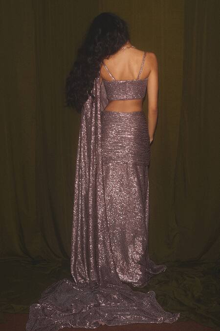 Shop Deme X Kalki Pink Sequins Pre-draped Saree With Blouse at Aza Fashions Shop_Deme X Kalki_Pink Sequins Pre-draped Saree With Blouse_at_Aza_Fashions