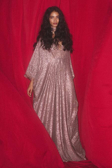 Deme X Kalki_Pink Fabric V Neck Kaftan_Online_at_Aza_Fashions