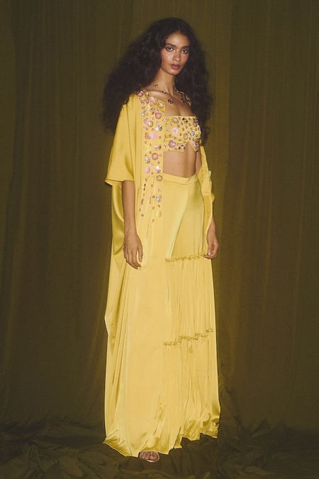 Deme X Kalki_Yellow Satin Floral Motifs Crop Top Square Sharara Set With Embroidered Jacket_Online_at_Aza_Fashions