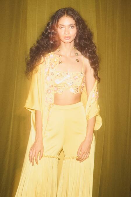Shop_Deme X Kalki_Yellow Satin Floral Motifs Crop Top Square Sharara Set With Embroidered Jacket_Online_at_Aza_Fashions