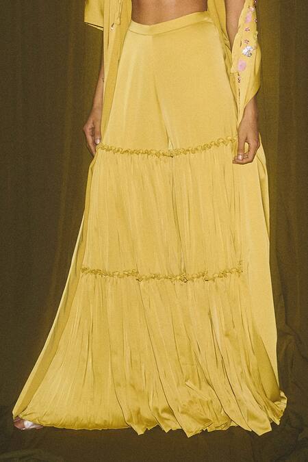Deme X Kalki_Yellow Satin Floral Motifs Crop Top Square Sharara Set With Embroidered Jacket_at_Aza_Fashions
