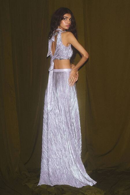 Deme X Kalki_Silver Metallic Round Wrap Skirt And Top Set_Online_at_Aza_Fashions