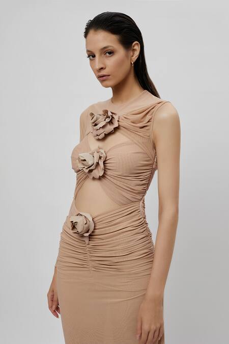 Buy_Deme By Gabriella_Beige Net Round Bodycon Front Cutout Gown _Online_at_Aza_Fashions