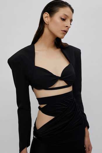 Deme By Gabriella_Black Mercedes And Dull Stretch Sweetheart Neck Waist Cutout Gown_Online_at_Aza_Fashions