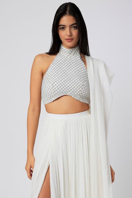 Deme By Gabriella_White Shimmer Chiffon Halter Front Slit Lehenga Set_Online_at_Aza_Fashions