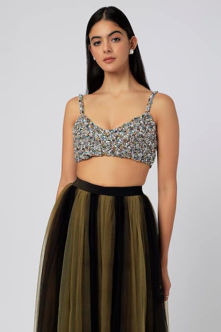 Deme By Gabriella_Black Tulle Crystal V Neck Embellished Blouse And Skirt Set_Online_at_Aza_Fashions