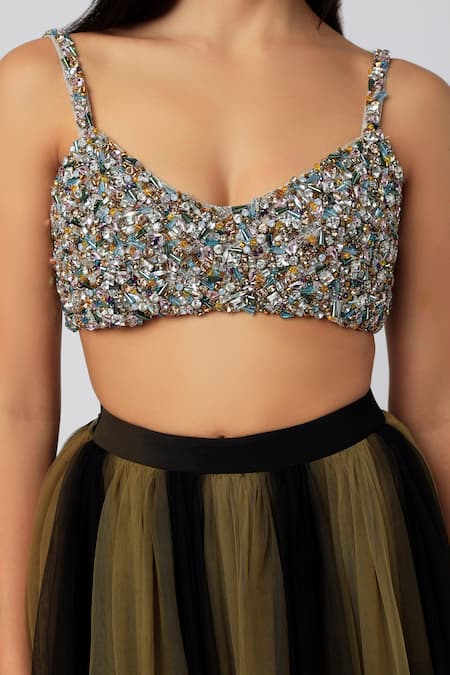 Buy_Deme By Gabriella_Black Tulle Crystal V Neck Embellished Blouse And Skirt Set_Online_at_Aza_Fashions