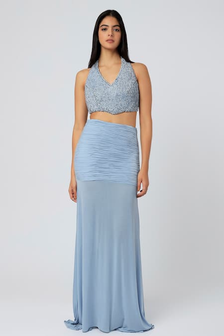 Deme By Gabriella_Blue Malai Lycra Beads Halter Pleated Skirt Saree With Neck Blouse_Online_at_Aza_Fashions