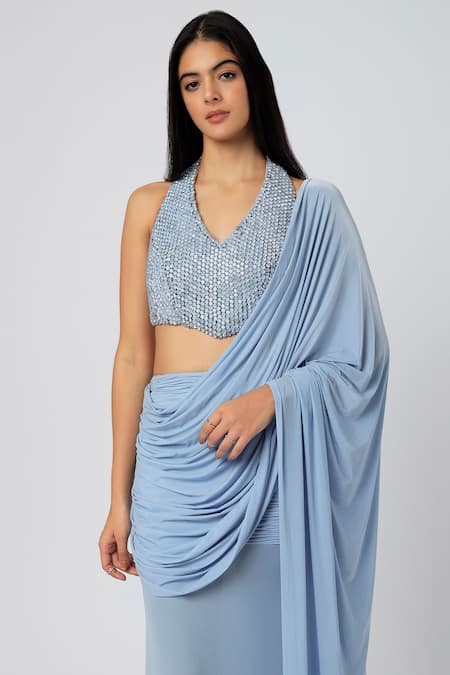 Buy_Deme By Gabriella_Blue Malai Lycra Beads Halter Pleated Skirt Saree With Neck Blouse_Online_at_Aza_Fashions