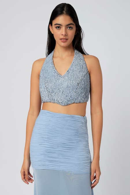 Shop_Deme By Gabriella_Blue Malai Lycra Beads Halter Pleated Skirt Saree With Neck Blouse_Online_at_Aza_Fashions