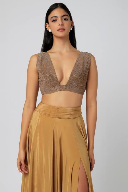 Deme By Gabriella_Gold Crepe Stone Blunt V Neck Embellished Blouse And Skirt Set_Online_at_Aza_Fashions