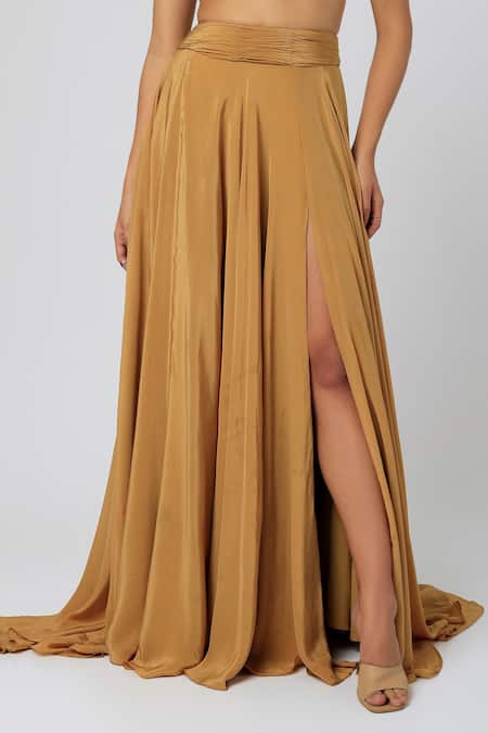 Buy_Deme By Gabriella_Gold Crepe Stone Blunt V Neck Embellished Blouse And Skirt Set_Online_at_Aza_Fashions