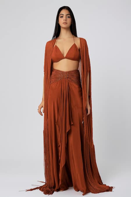 Deme by Gabriella Red Crepe Embroidery Cutdana Halter Cape And Skirt Set 