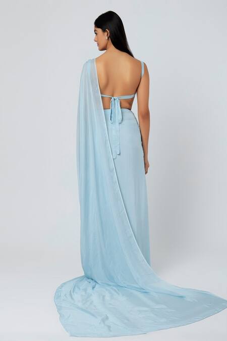 Shop Deme By Gabriella Blue Chiffon Sweetheart Neck Pre-draped Saree With Bustier at Aza Fashions Shop_Deme By Gabriella_Blue Chiffon Sweetheart Neck Pre-draped Saree With Bustier_at_Aza_Fashions