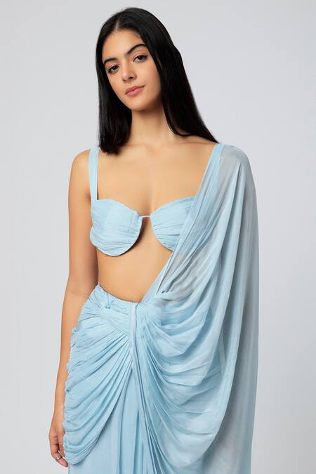 Deme By Gabriella Blue Chiffon Sweetheart Neck Pre-draped Saree With Bustier Online at Aza Fashions Deme By Gabriella_Blue Chiffon Sweetheart Neck Pre-draped Saree With Bustier_Online_at_Aza_Fashions