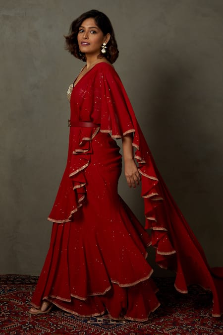 RI.Ritu Kumar_Red Viscose, Georgette Mirrors, Mukaish Work Draped Ruffle Saree With Blouse _Online_at_Aza_Fashions