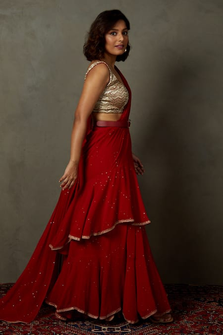Buy_RI.Ritu Kumar_Red Viscose, Georgette Mirrors, Mukaish Work Draped Ruffle Saree With Blouse _Online_at_Aza_Fashions