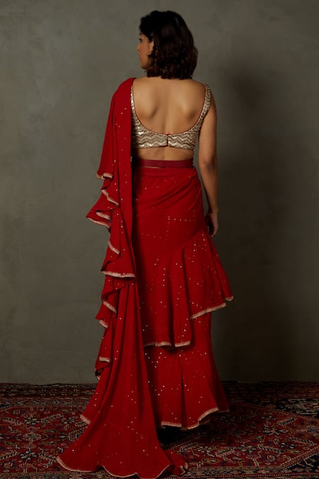 Shop_RI.Ritu Kumar_Red Viscose, Georgette Mirrors, Mukaish Work Draped Ruffle Saree With Blouse _at_Aza_Fashions