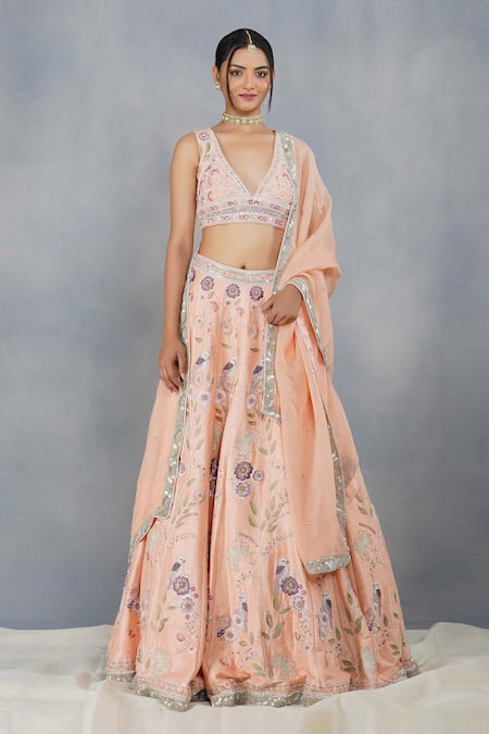 Deepti Chhabra Peach Silk Embroidered Lehenga Set