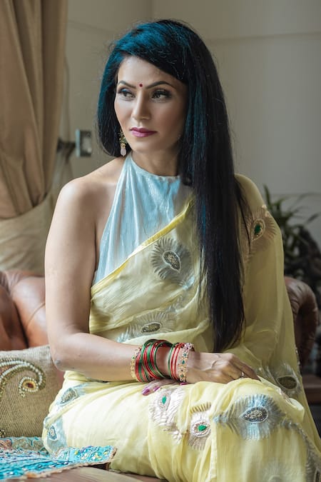 Shop_Ruar India_Yellow Chiffon Peacock Feathers Embroidered Saree With Blouse _Online_at_Aza_Fashions