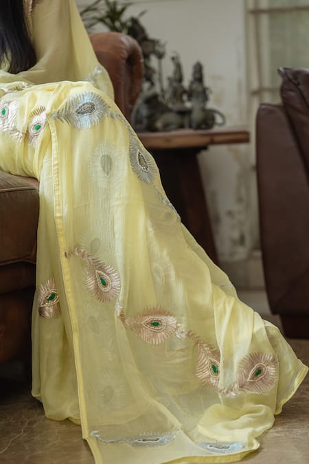 Ruar India_Yellow Chiffon Peacock Feathers Embroidered Saree With Blouse _at_Aza_Fashions