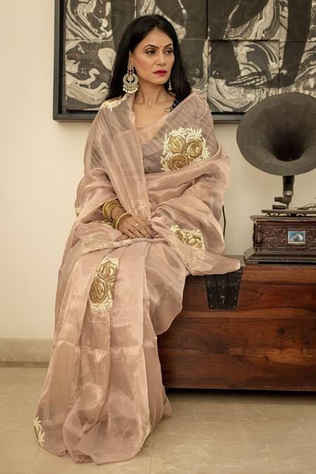 Shop_Ruar India_Gold Chiffon Pearls Rose Embroidered Saree With Blouse _Online_at_Aza_Fashions