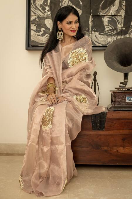 Ruar India_Gold Chiffon Pearls Rose Embroidered Saree With Blouse _at_Aza_Fashions