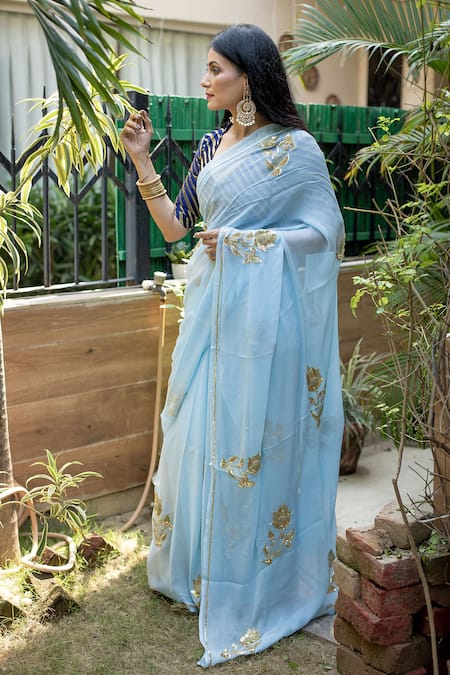 Ruar India_Blue Chiffon Tulips Embroidered Saree With Blouse _Online_at_Aza_Fashions