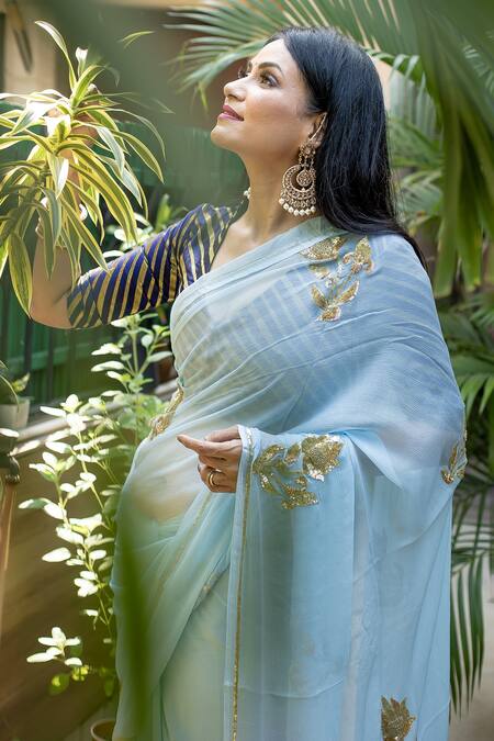 Shop_Ruar India_Blue Chiffon Tulips Embroidered Saree With Blouse _Online_at_Aza_Fashions